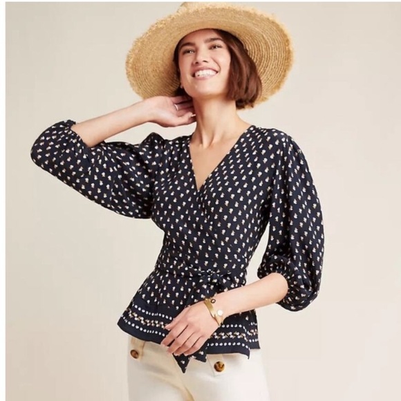 Faithful The Brand X Anthropologie Black and Yellow Floral Wrap Top - Picture 1 of 5